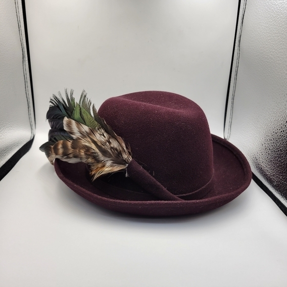Vintage Accessories - Vintage Adolfo II Wine Brimmed Fedora with Feather